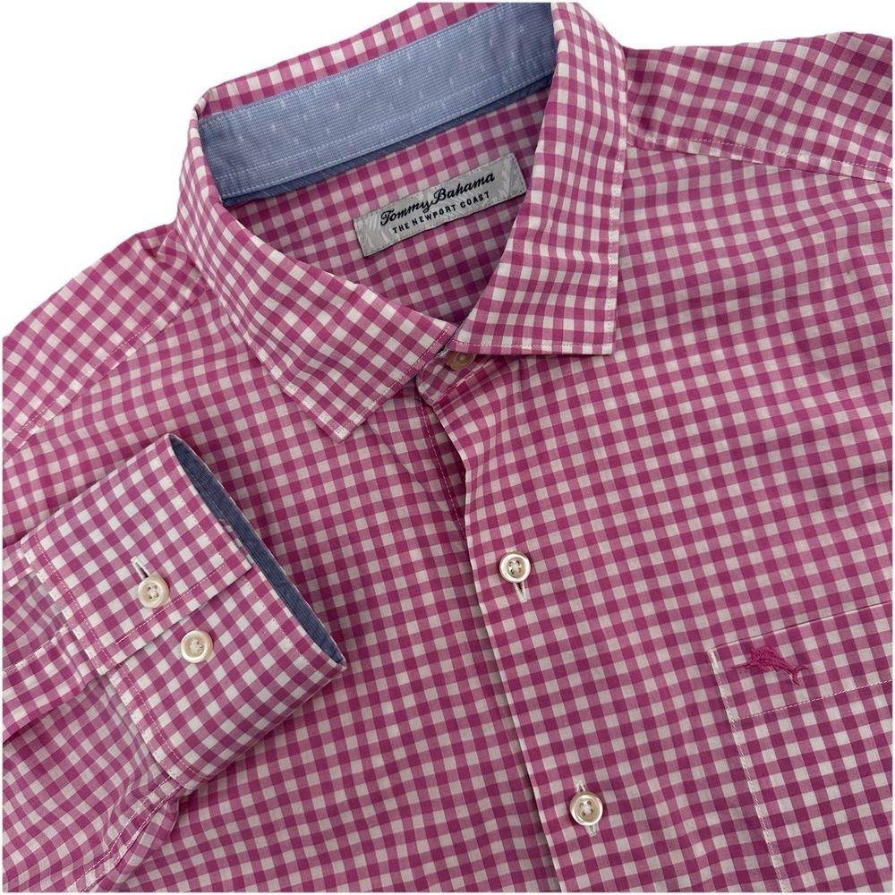 Tommy Bahama Mens Newport Coast Gingham Button Shirt Pink White Pima Cotton M